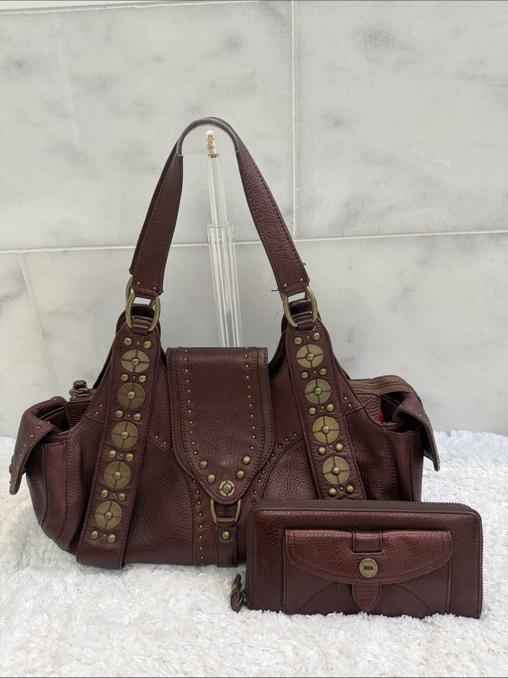 Cole Haan Brown Studded Leather Shoulder Bag with Matching Wallet